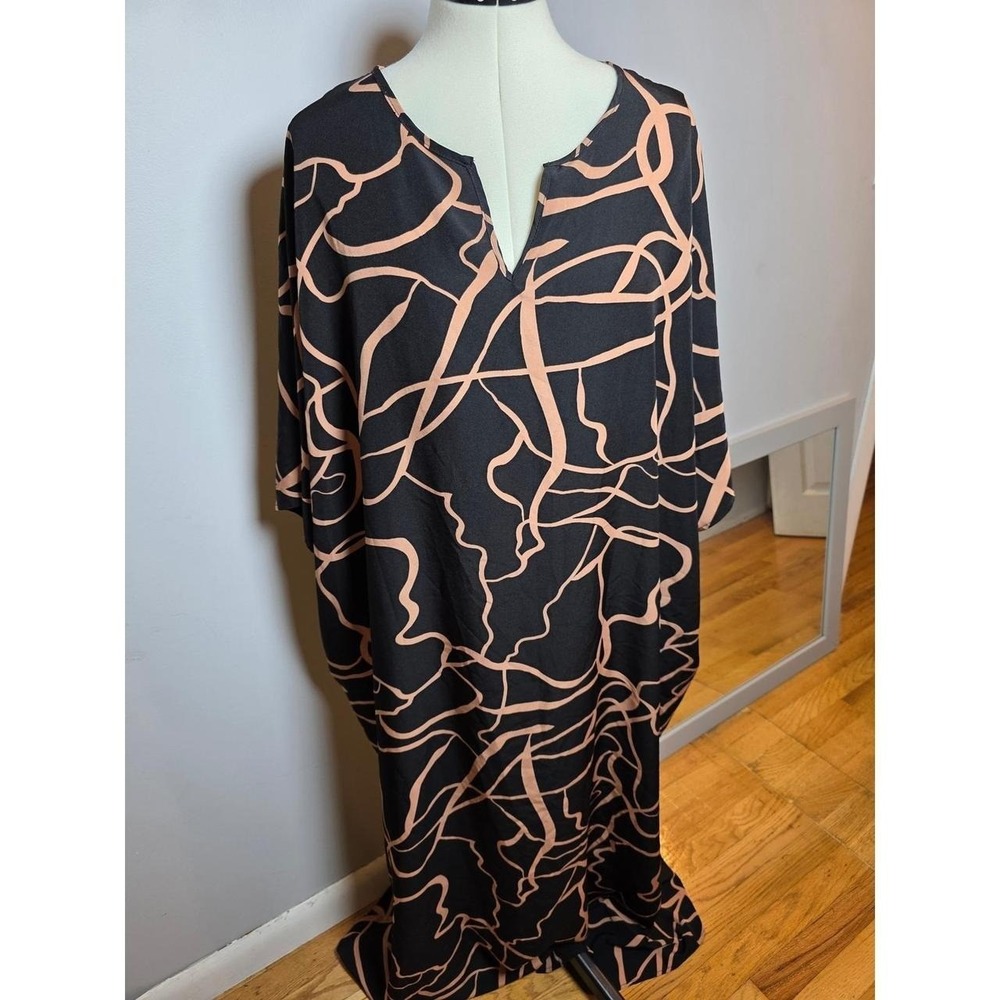 SHEIN Curve 4XL Black Tan Abstract Swirl Kaftan Maxi Dress Batwing Boho Festival